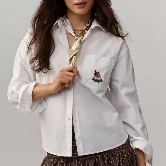 NWOT Maeve Anthropologie The Bennet Shrunken Buttondown Shirt French Bulldog